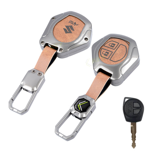 Metal Leather Car Key Cover Compatible For Suzuki: Swift, Dzire, Grand Vitara, Fronx, Jimny, XL6, Ignis, Ertiga, Baleno, Vitara Brezza, Celerio, Ciaz