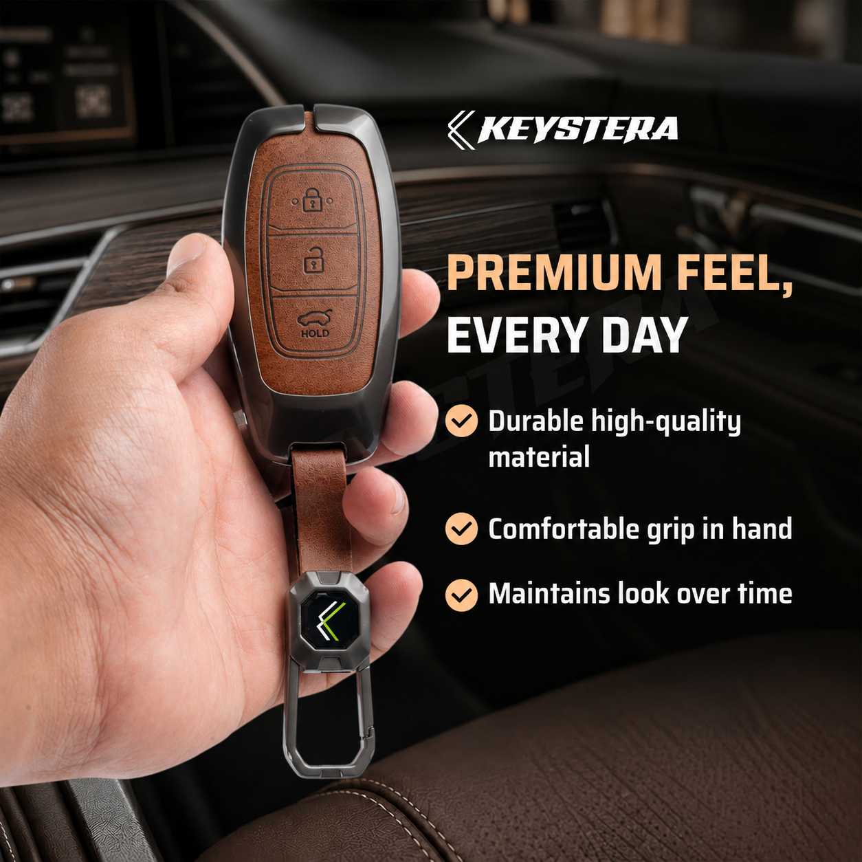 Metal Leather Brown Car Key Cover Compatible For Hyundai : i20, Kona, Verna 2018 onwards (3 button smart key)