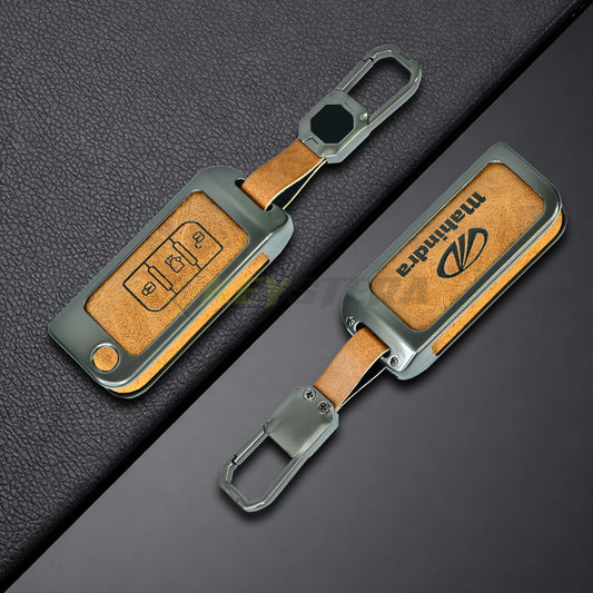 Metal Leather Brown Car Key Cover For Mahindra : XUV500 (3 Button Flip Key)