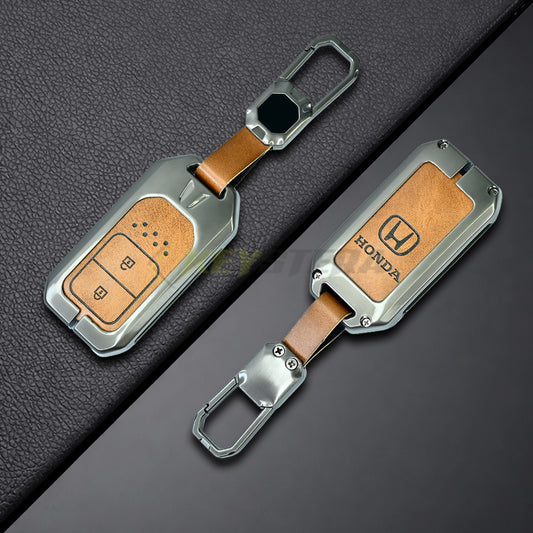 Metal Leather Brown Key Cover For Honda: Elevate, City, Jazz, Amaze, Accord, BR-V, CR-V, WR-V, Civic (2 button smart key)