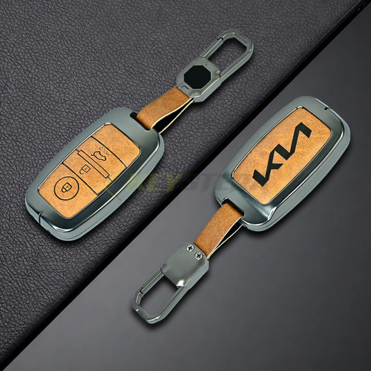 Metal Leather Brown Car Key Cover For Kia Seltos, Kia Sonet,Kia Carens,Kia Carnival (3 Button Smart Key)