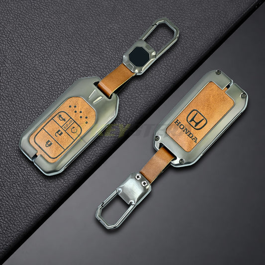 Metal Leather Brown Car Key Cover For Honda : City, Civic, Jazz, Brio, Amaze, Cr-v, Wr-v, Br-v, Mobilio (4B Smart Key)