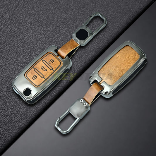 Metal Leather Brown Car Key Cover For Skoda : Octavia, Fabia, Laura, Superb, Rapid, Yeti (3 Button Flip Key)