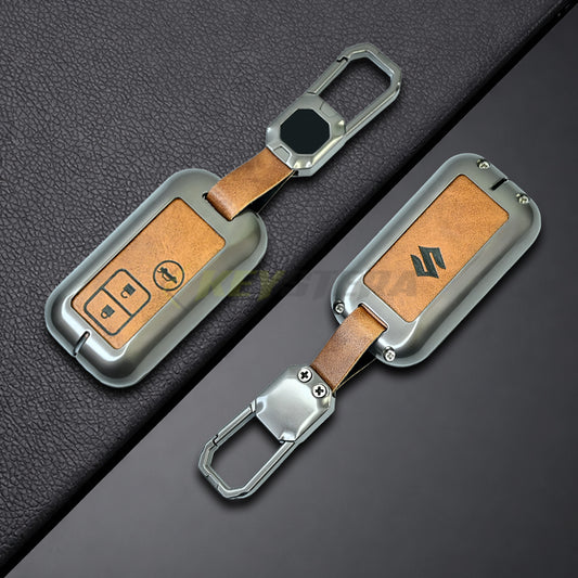 Metal Leather Brown Car Key Cover For Suzuki : Baleno, Swift, Ertiga, XL6, DZire, Fronx, Scross, Celerio, Ciaz, Brezza, Grand Vitara, Jimny, Ignis (3 Button Smart key)