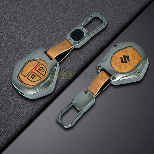 Metal Leather Brown Car Key Cover for Suzuki: Swift, Dzire, WagonR, Brezza, Grand Vitara, Fronx, Jimny, XL6, Ignis, Ertiga, Baleno, Vitara Brezza, Celerio, Alto, Ciaz, S-Cross (2 Button Remote Key)