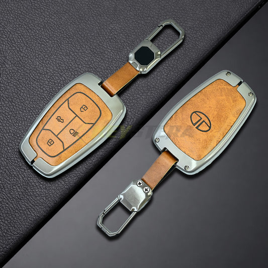 Metal Leather Brown Car Key Cover For Tata: Nexon, Harrier,Tiago, Tigor BS6, Tigor EV, Safari 2021, Altroz, Safari Gold, Gravitas, Punch (4 button smart key)