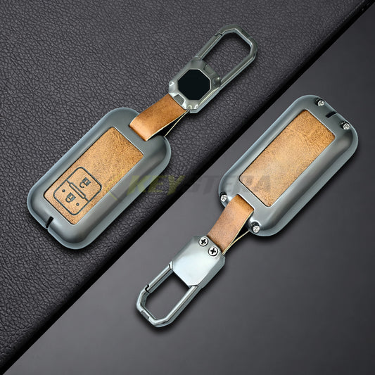 Metal Leather Brown Car key Cover For Toyota : Glanza, Urban Cruiser, Hyryder (2 Button Smart Key)