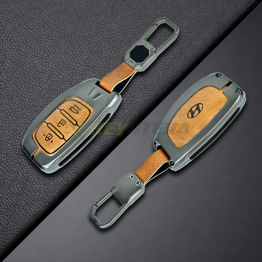 Metal Leather Brown Key Cover For Hyundai: i20, Creta, Venue, Tucson, Alcazar, Verna, Xcent, Aura, Elantra, Nios, I-10 Grand,Exter (3 Button Smart Key)