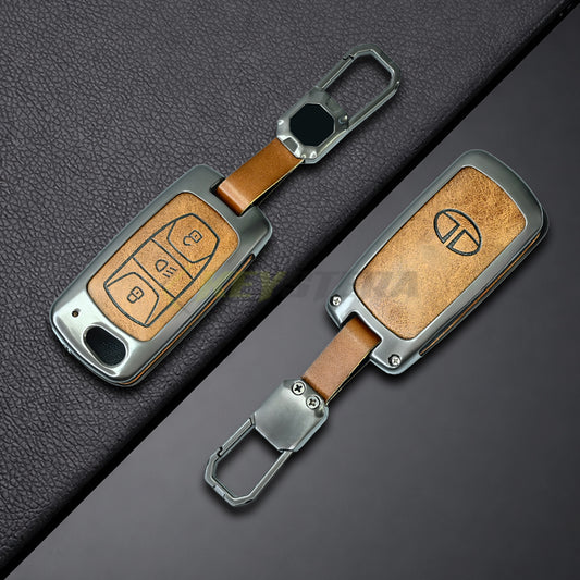 Metal Leather Brown Key Cover For Tata: Nexon, Harrier, Safari, Altroz, Punch, Tiago, Tigor, Zest, Bolt, Hexa (3 button Flip Key)