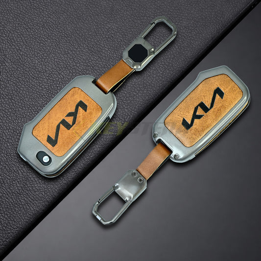 Metal Leather Brown Car Key Cover For kia : Seltos, Sonet, Carens, Carens Clavis (3 Button Flip Key)