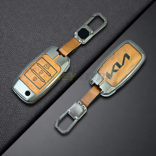 Metal Leather Brown Car Key Cover For Kia Seltos, Kia Sonet,Kia Carens (3 Button Flip Key)