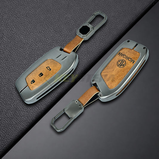Metal Leather Brown Car Key Cover For MG Hector | MG Windsor | MG Astor | MG Gloster 3 Button smart key)