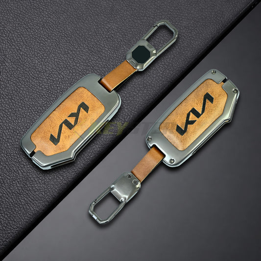 Metal Leather Brown Car Key Cover For Kia Carens Clavis, Seltos, Sonet 2023 facelift (4 Button Smart Key)