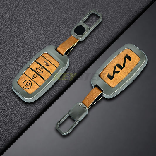 Metal Leather Brown Car Key Cover For Kia: Seltos, Sonet, Carens, Carnival (4 Button Smart Key)