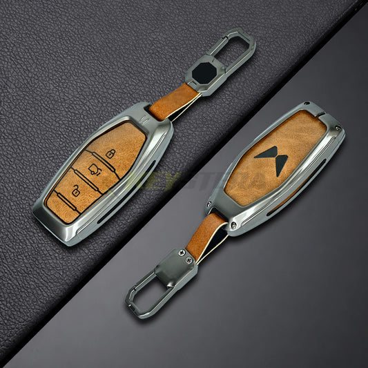 Metal Leather Brown Key Cover For Mahindra: XUV500 (3 button smart key)