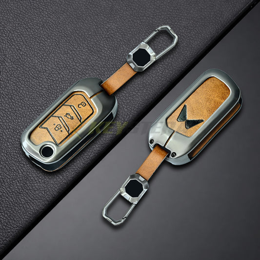 Metal Leather Brown Car Key Cover For Mahindra: Thar, Bolero, Scorpio, Scorpio-N, XUV700, XUV400, XUV3x0, XUV300, TUV300, Marazzo (3 button flip key)