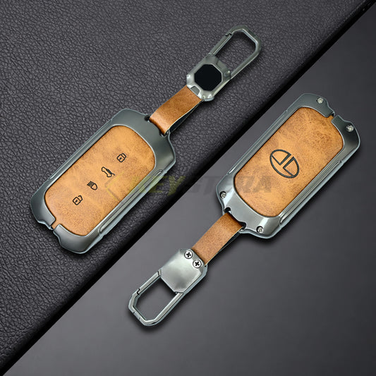 Metal Leather Brown Car Key Cover For Tata Sierra 2025, Curvv, Curvv EV (4 Button Smart Key)
