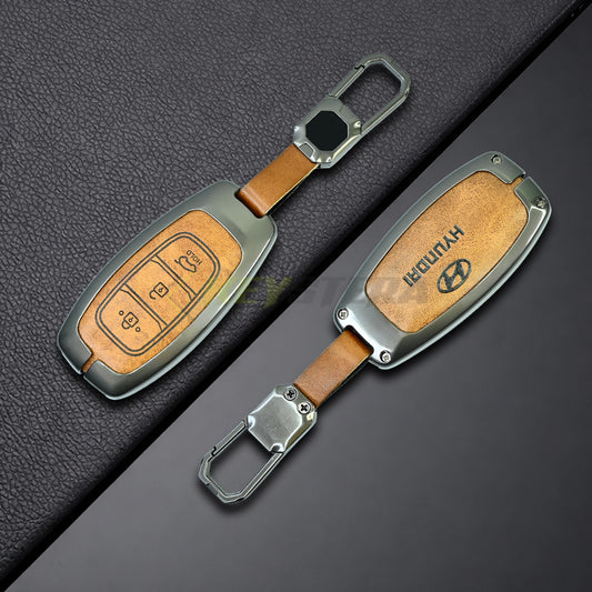 Metal Leather Brown Car Key Cover Hyundai : i20, Kona, Verna 2018 onwards (3 button smart key)