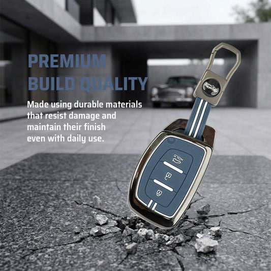 Metal Key Cover Compatible For Hyundai: i20, Creta, Venue, Tucson, Alcazar, Verna, Xcent, Aura, Elantra, Nios, I-10 Grand,Exter (3 Button Smart Key)