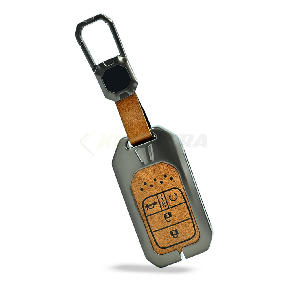 Metal Leather Brown Car Key Cover For Honda : City, Civic, Jazz, Brio, Amaze, Cr-v, Wr-v, Br-v, Mobilio (4B Smart Key)