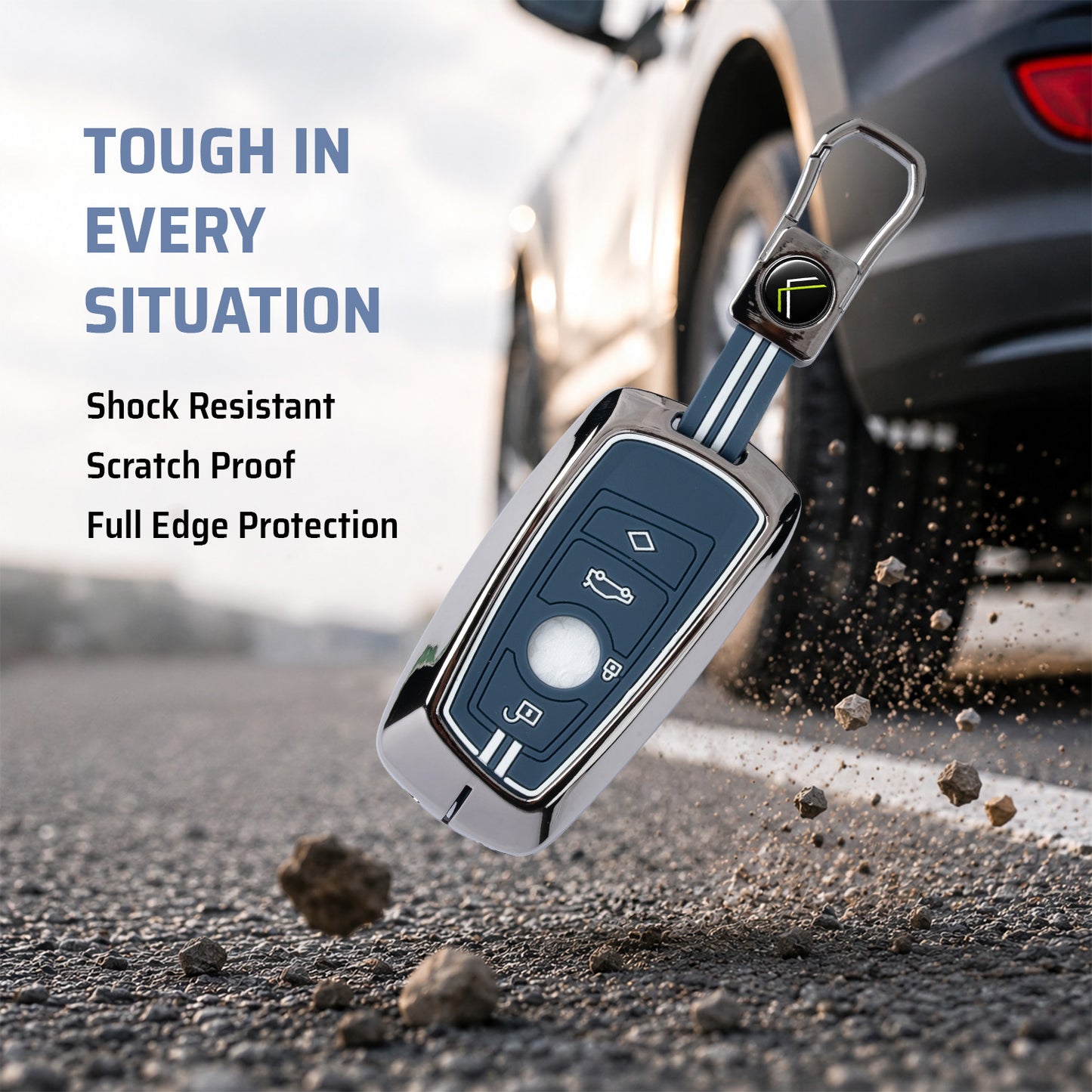 Metal Key Cover With Key Chain Compatible with BMW X-Series | M-Series | 3-Series | 5-Series | 7-Series 4 Button Smart Key
