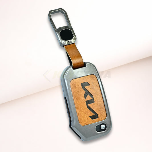 Metal Leather Brown Car Key Cover For kia : Seltos, Sonet, Carens, Carens Clavis (3 Button Flip Key)