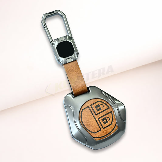 Metal Leather Brown Car Key Cover for Suzuki: Swift, Dzire, WagonR, Brezza, Grand Vitara, Fronx, Jimny, XL6, Ignis, Ertiga, Baleno, Vitara Brezza, Celerio, Alto, Ciaz, S-Cross (2 Button Remote Key)