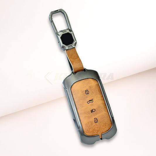 Metal Leather Brown Car Key Cover For Tata Sierra 2025, Curvv, Curvv EV (4 Button Smart Key)