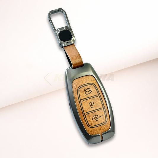 Metal Leather Brown Car Key Cover Hyundai : i20, Kona, Verna 2018 onwards (3 button smart key)