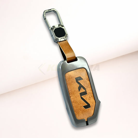 Metal Leather Brown Car Key Cover For Kia Carens Clavis, Seltos, Sonet 2023 facelift (4 Button Smart Key)