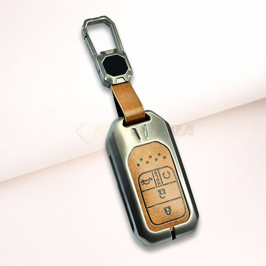 Metal Leather Brown Car Key Cover For Honda : City, Civic, Jazz, Brio, Amaze, Cr-v, Wr-v, Br-v, Mobilio (4B Smart Key)