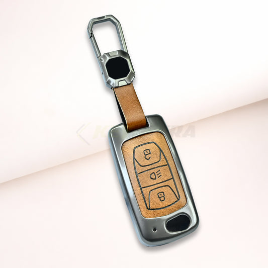 Metal Leather Brown Key Cover For Tata: Nexon, Harrier, Safari, Altroz, Punch, Tiago, Tigor, Zest, Bolt, Hexa (3 button Flip Key)