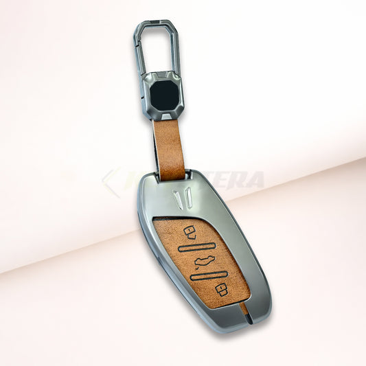 Metal Leather Brown Car Key Cover For MG Astor, MG ZS EV (3 Button smart key)