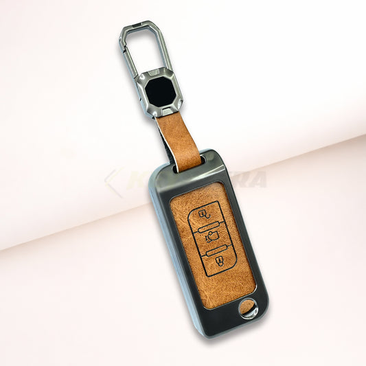 Metal Leather Brown Car Key Cover For Mahindra : XUV500 (3 Button Flip Key)