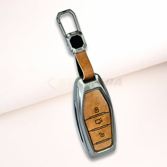 Metal Leather Brown Key Cover For Mahindra: XUV500 (3 button smart key)