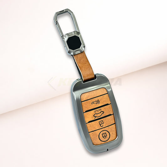 Metal Leather Brown Car Key Cover For Kia: Seltos, Sonet, Carens, Carnival (4 Button Smart Key)