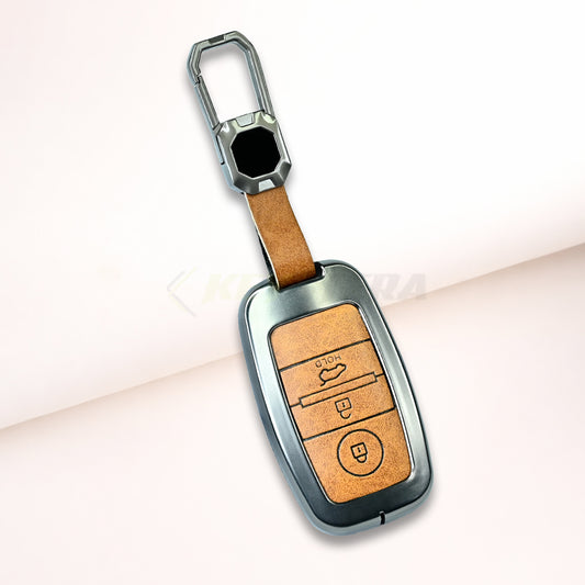 Metal Leather Brown Car Key Cover For Kia Seltos, Kia Sonet,Kia Carens,Kia Carnival (3 Button Smart Key)