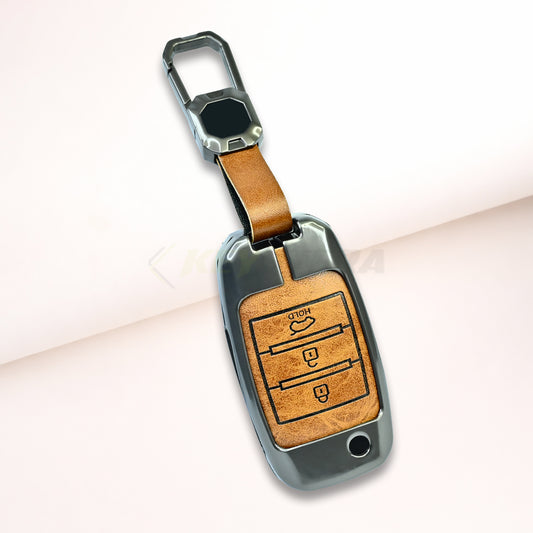 Metal Leather Brown Car Key Cover For Kia Seltos, Kia Sonet,Kia Carens (3 Button Flip Key)