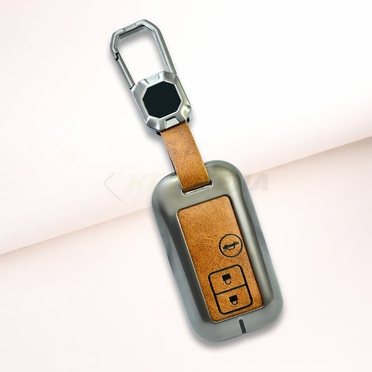 Metal Leather Brown Car Key Cover For Suzuki : Baleno, Swift, Ertiga, XL6, DZire, Fronx, Scross, Celerio, Ciaz, Brezza, Grand Vitara, Jimny, Ignis (3 Button Smart key)