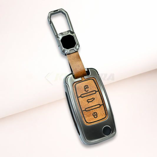 Metal Leather Brown Car Key Cover For Volkswagen : Polo, Vento, Jetta, Ameo (3 Button Flip Key)