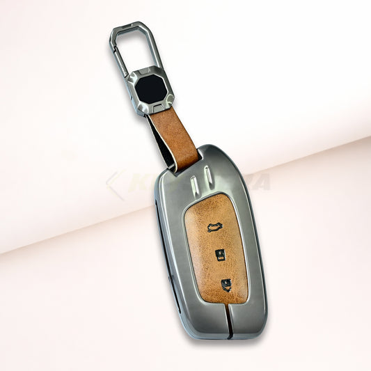 Metal Leather Brown Car Key Cover For MG Hector | MG Windsor | MG Astor | MG Gloster 3 Button smart key)