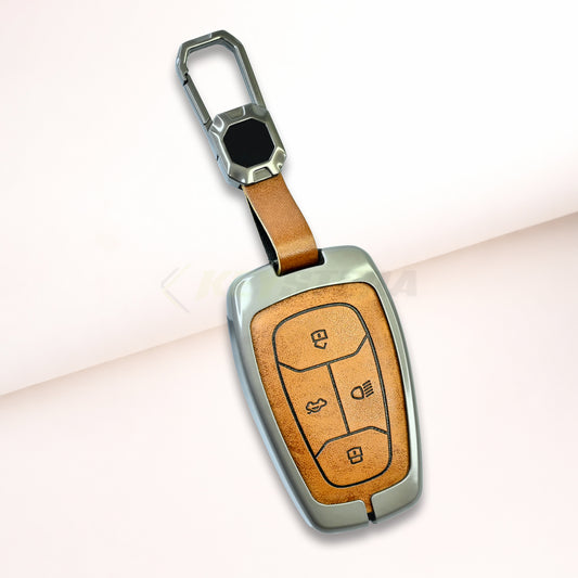 Metal Leather Brown Car Key Cover For Tata: Nexon, Harrier,Tiago, Tigor BS6, Tigor EV, Safari 2021, Altroz, Safari Gold, Gravitas, Punch (4 button smart key)