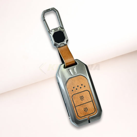 Metal Leather Brown Key Cover For Honda: Elevate, City, Jazz, Amaze, Accord, BR-V, CR-V, WR-V, Civic (2 button smart key)