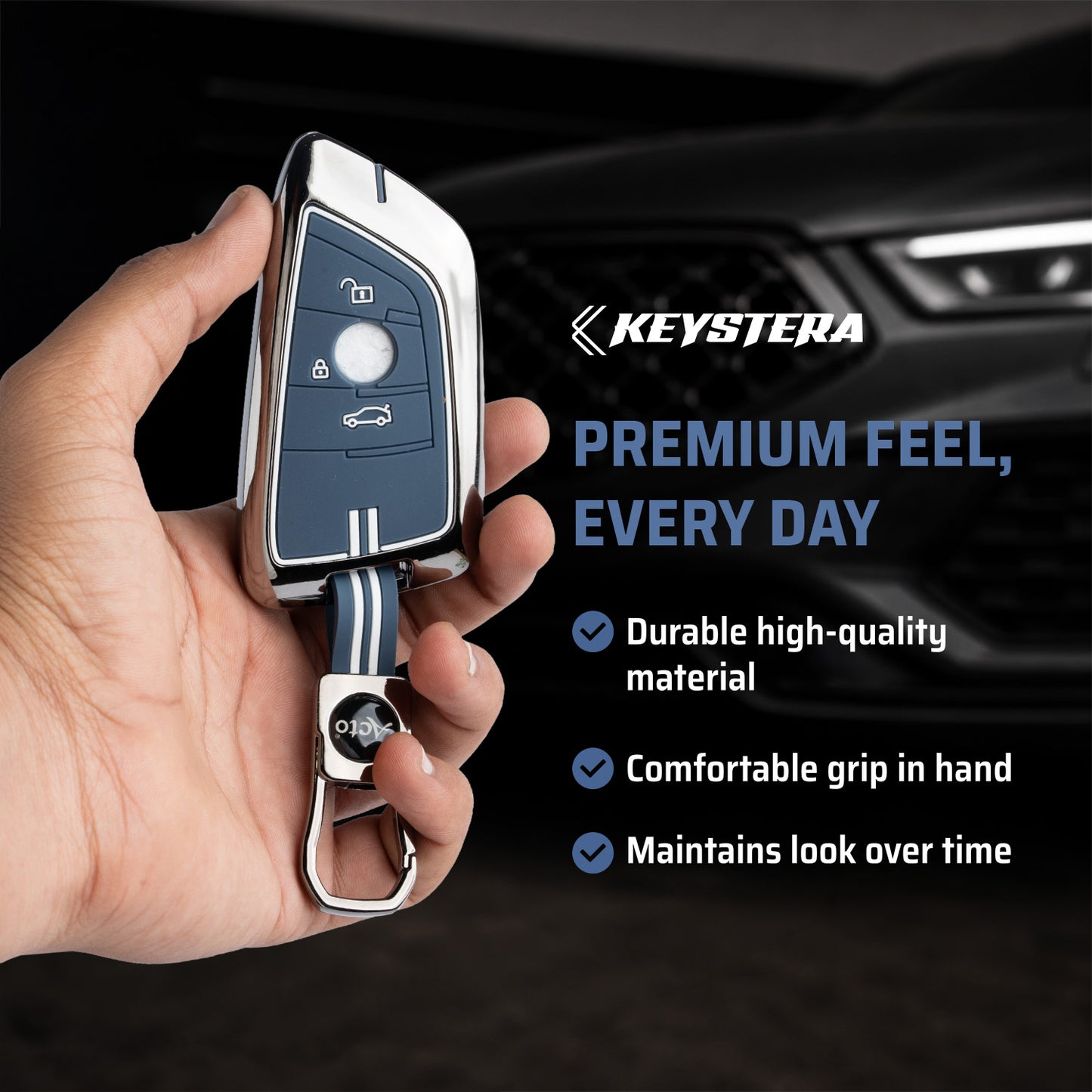 Metal Key Cover With Key Chain Compatible With BMW GT-Series | X-Series | M-Series | 3-Series | 5-Series | 7-Series 3 Button Smart Key