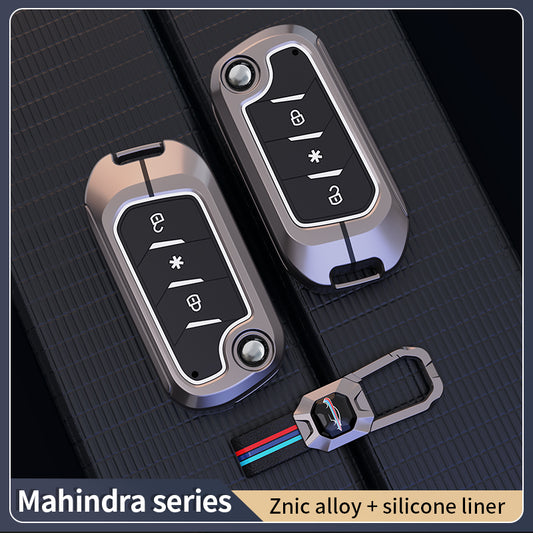 Metal Silicone Key Cover Compatible For Mahindra: Thar, Bolero, Scorpio, Scorpio-N, XUV700, XUV400, XUV3x0, XUV300, TUV300, Marazzo (3 button flip key)