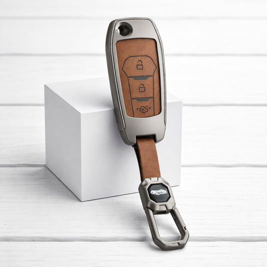 Metal Leather Brown Car Key Cover For Ford : Figo, Aspire, Endeavour (3 Button Flip Key)
