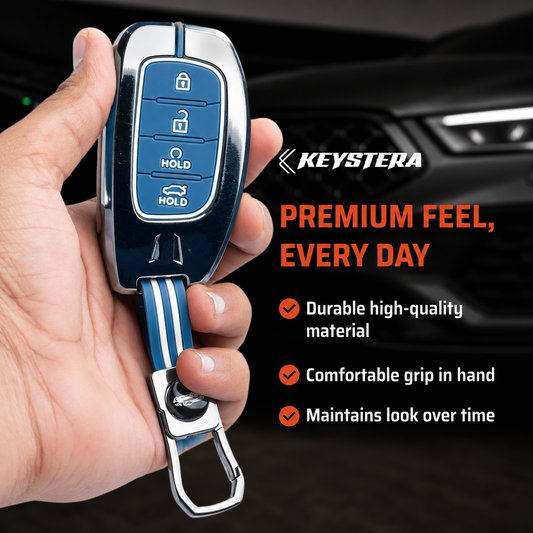 Metal Sapphire Key Cover With Key Chain Compatible with Hyundai: Alcazar, Creta 2021 onwards (4 button smart key)