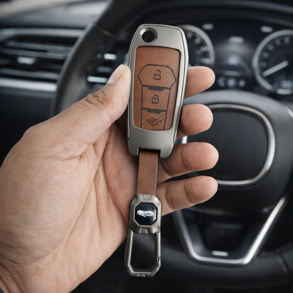 Metal Leather Brown Car Key Cover For Ford : Figo, Aspire, Endeavour (3 Button Flip Key)