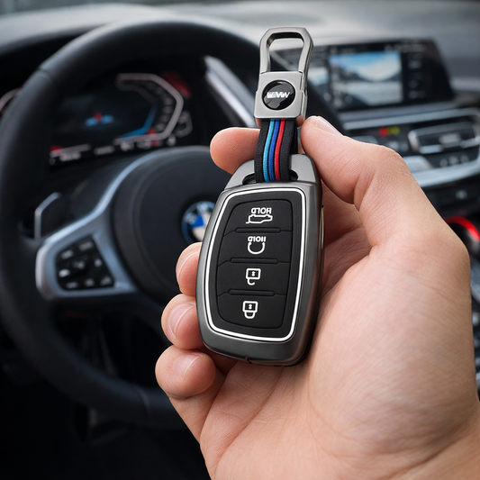 Metal Silicone Key Cover Compatible for Hyundai: Alcazar, Creta 2021 onwards (4 button smart key)