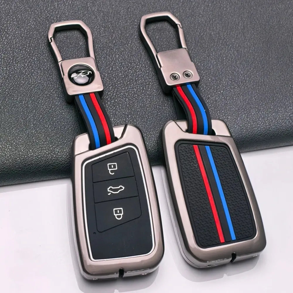 Metal Silicone Car Key Cover Compatible For Skoda Kushaq | Superb | Kodiaq | Slavia | Volkswagen Tiguan | Virtus 3 Button Smart Key